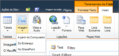 Clique no botão imagem no friso e selecione a partir do computador, endereço ou SharePoint.