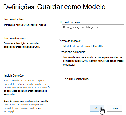 Página Guardar como modelo