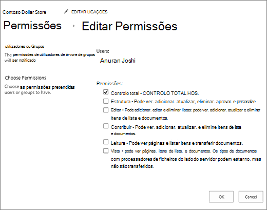 Alterar os níveis de permisison na caixa de diálogo de permissões