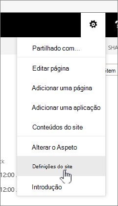 Opção Definições do site no botão Definições