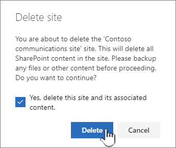 Se tiver a certeza de que pretende eliminar o site, clique em Eliminar