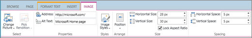 Captura de ecrã de uma secção do friso do SharePoint Online com o separador Imagem selecionado e as seleções disponíveis nos grupos Selecionar, Propriedades, Estilos, Dispor, Tamanho e Espaçamento.