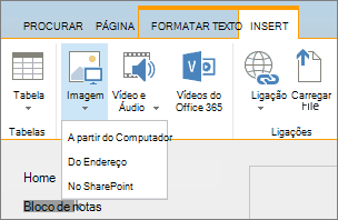 Captura de ecrã do friso do SharePoint Online. Selecione o separador Inserir e, em seguida, selecione Imagem para escolher se pretende carregar um ficheiro do seu computador, de um endereço Web ou de uma localização do SharePoint.