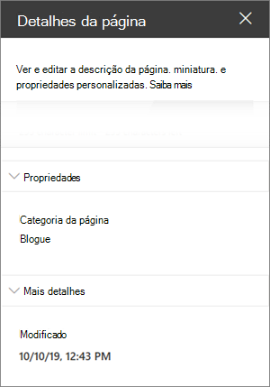 Painel De detalhes da página com a categoria Página do blogue
