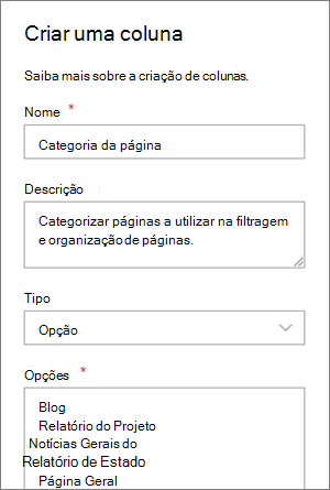 Exemplo de configuração de uma coluna de escolha de categoria para blogues