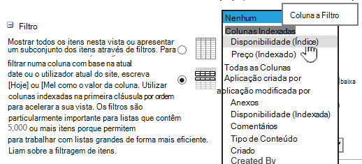 No SharePoint Online, selecione um campo indexado