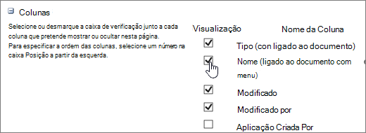 Caixa de diálogo Seletor de Colunas