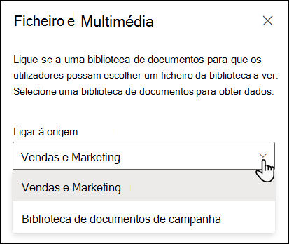 Painel de propriedades do visualizador de ficheiros com o menu pendente Ligar à origem