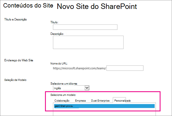 Parte superior da caixa de diálogo Criar Site
