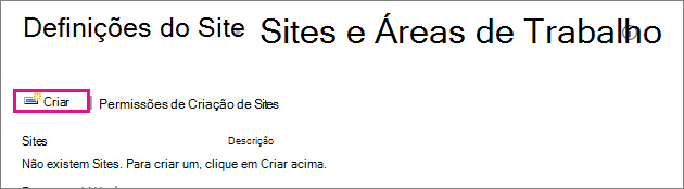 A ligação Criar Site na caixa de diálogo Sites e áreas de trabalho