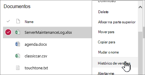 Menu de contexto da biblioteca de documentos com o histórico de versões realçado