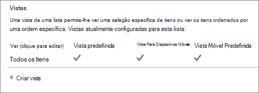 Secção Vista de lista nas Definições da lista