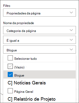 Filtro definido para Blogues no painel de peças Web Notícias