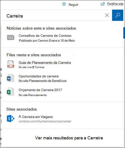 Resultados da pesquisa num site central do SharePoint