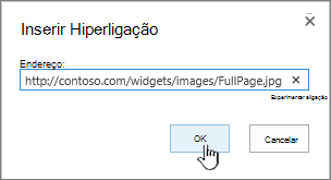 Caixa de diálogo Hiperligação com o endereço Web e o botão OK realçados