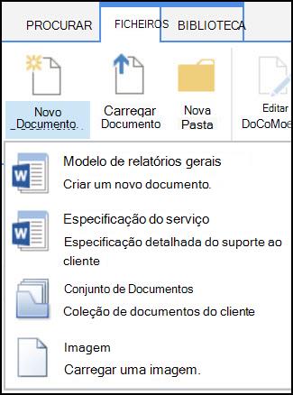 Menu Novo Documento com tipos de conteúdos personalizados no SharePoint