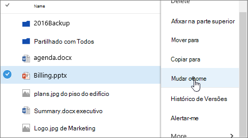 Menu De reticências com a opção Mudar o Nome realçada