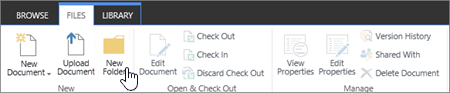 Imagem do friso do SharePoint Files com Nova Pasta realçada.