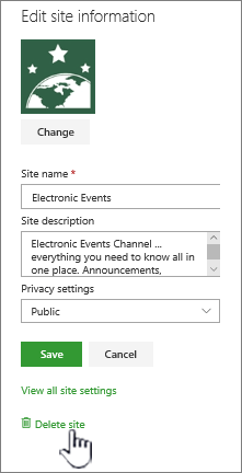 Localização do site de eliminação do site de equipa do SharePoint
