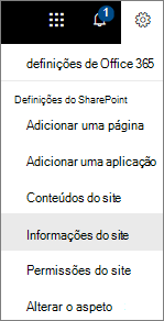 Menu Definições com Informações do site selecionadas
