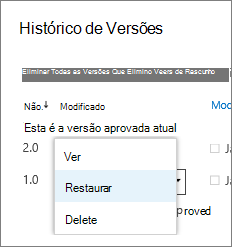 Menu item de versão
