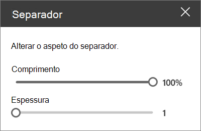 Painel de detalhes da peça Web Divisor no SharePoint Online durante a edição de um site