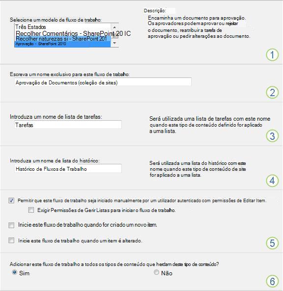 Página de configuração do fluxo de trabalho