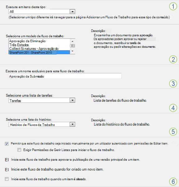 Informações básicas de 'Adicionar um fluxo de trabalho' com as secções realçadas