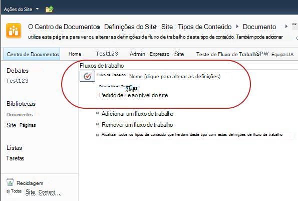 Ligação para alterar as definições do fluxo de trabalho