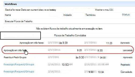 Lista Fluxos de Trabalho Concluídos na página Fluxos de Trabalho do item