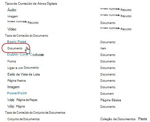 Tipos de Conteúdo de Documento com tipo realçado