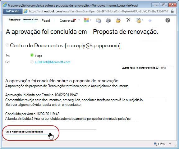 Notificação de fluxo de trabalho concluído com ligação do histórico realçada