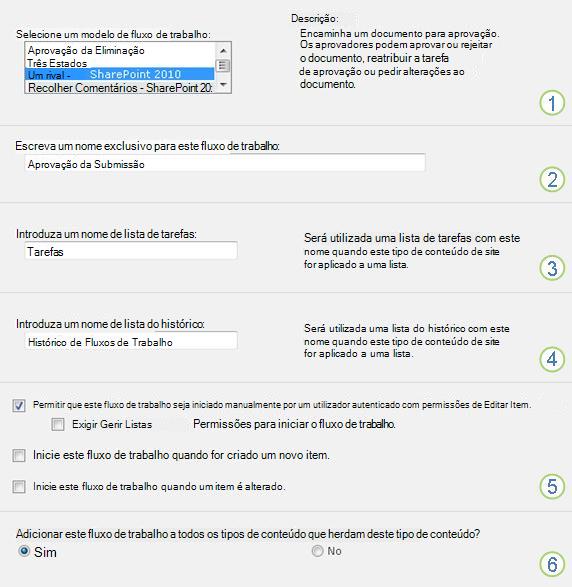 Primeira página do formulário de associação do fluxo de trabalho Recolher Comentários para configuração em todo o site com chamadas numeradas