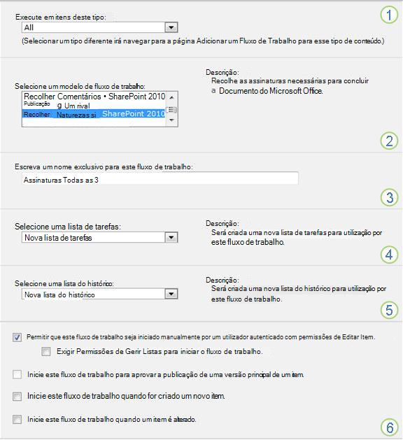 Primeira página do formulário de associação para uma única lista ou biblioteca