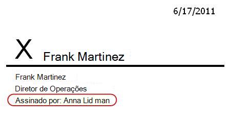 Linha de assinatura a mostrar um signatário diferente