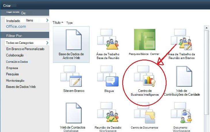 A galeria Criar Site oferece muitos modelos de site pré-concebidos.