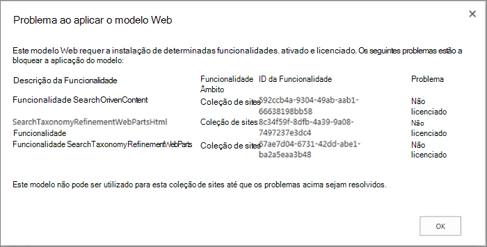 Captura de ecrã de uma mensagem de erro que mostra um erro que poderá obter se as funcionalidades indisponíveis impedirem a criação de sites no SharePoint Online.