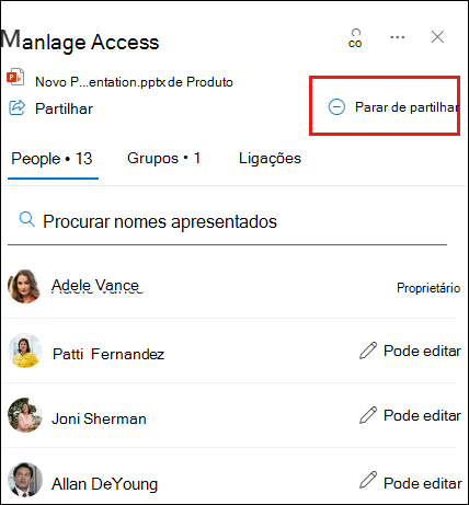 Captura de ecrã a mostrar a caixa de diálogo Gerir Acesso com a opção Parar partilha realçada.