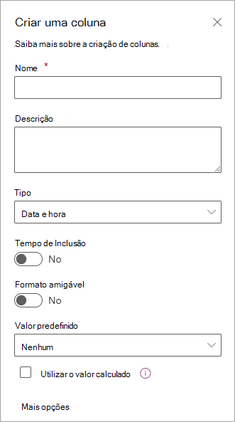 Captura de ecrã do painel Criar uma coluna que pode utilizar para adicionar colunas a listas.