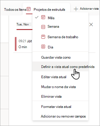 Captura de ecrã a mostrar como escolher o comando Definir a vista atual como predefinida em Listas.