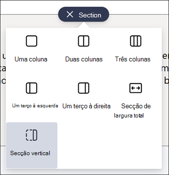 Secção vertical realçada na lista de tipos de secção