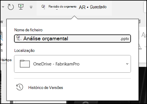 O menu pendente do título do documento no Word para Office 365