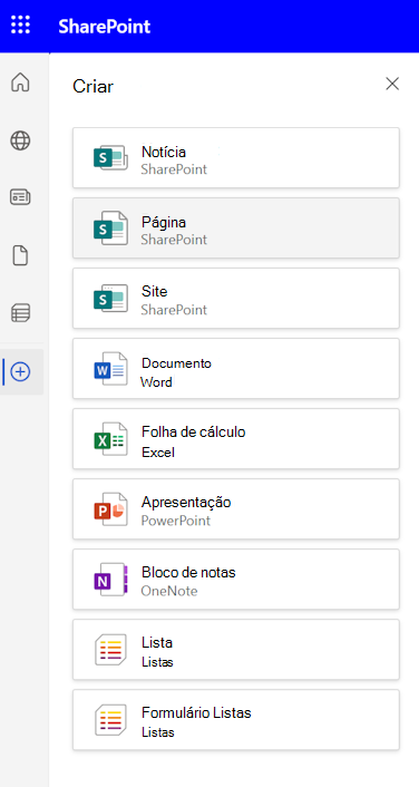 Captura de ecrã do painel Criar na barra da aplicação SharePoint com as opções Notícias, publicações e Páginas.