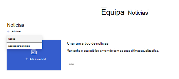 Captura de ecrã do menu Adicionar na peça Web Notícias com a opção Notícia selecionada.