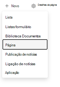 Captura de ecrã a mostrar o menu Novo num site SharePoint com a opção Página selecionada.