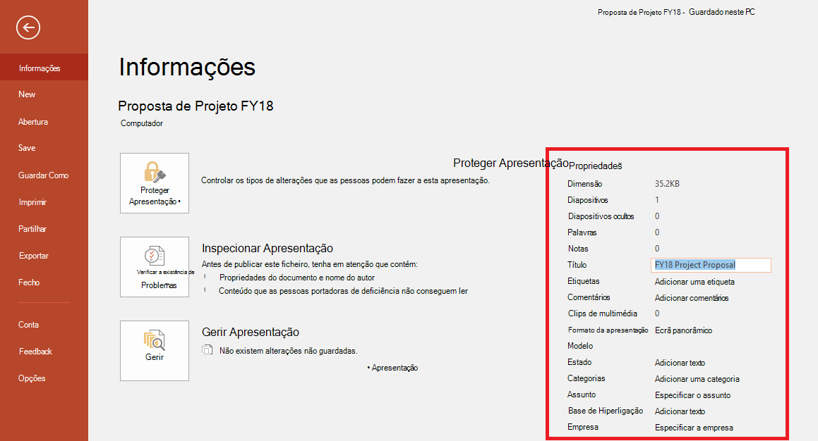 Propriedades do Documento do Office - Ficheiro > Painel de Informações