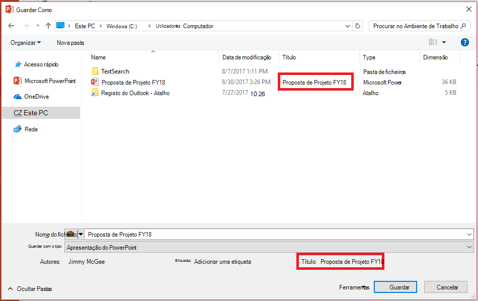 Propriedades do Documento do Office – Guardar Como