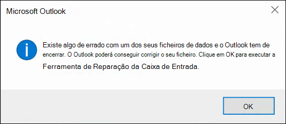 Ocorreu um problema com um dos seus ficheiros de dados e o Outlook precisa de fechar.