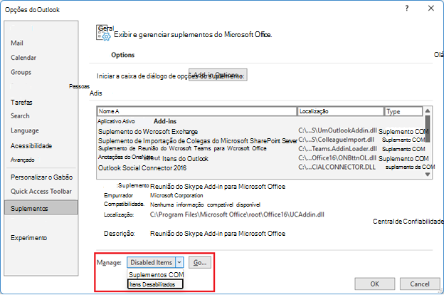 Captura de ecrã da janela de opções do Outlook