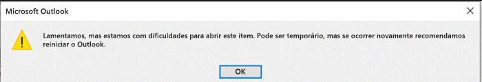 Captura de ecrã do erro do Outlook
